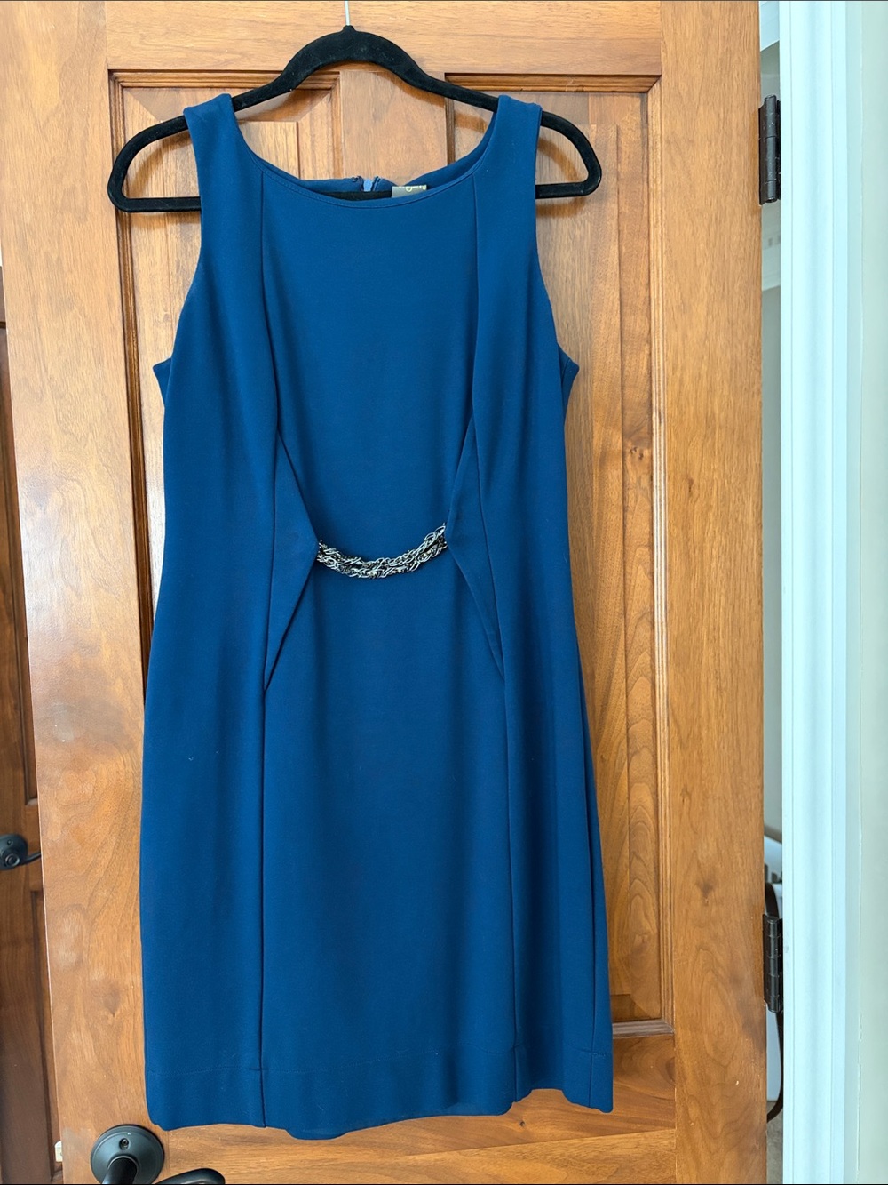Taylor Sleeveless Midi Dress in Deep Blue with Decorative Waist Accent